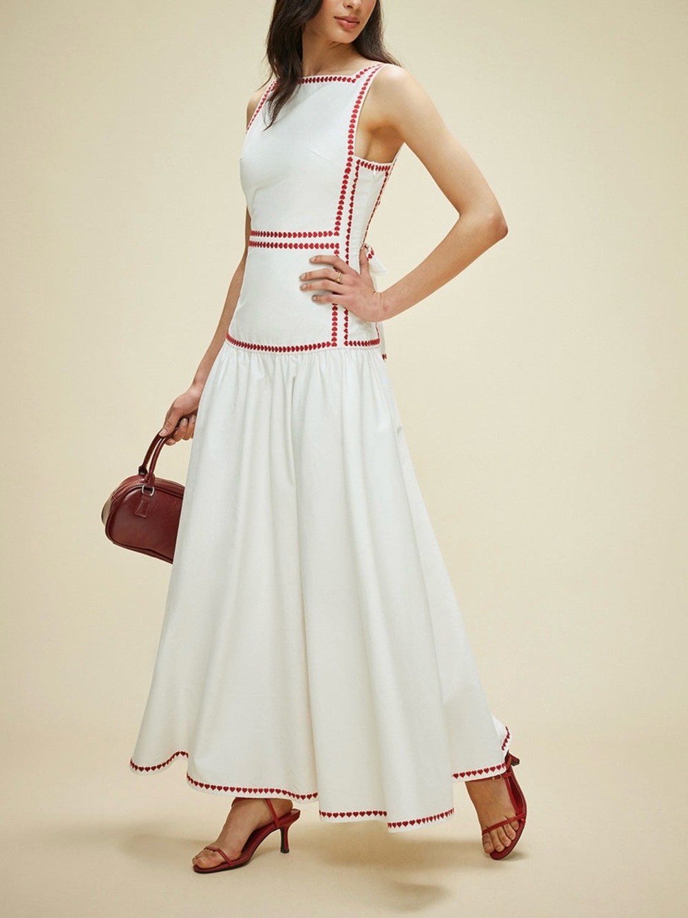 NWT Commense White Red Trim Maxi Dress Tie Back Cotton Vacation Dress Size M - Picture 5 of 13